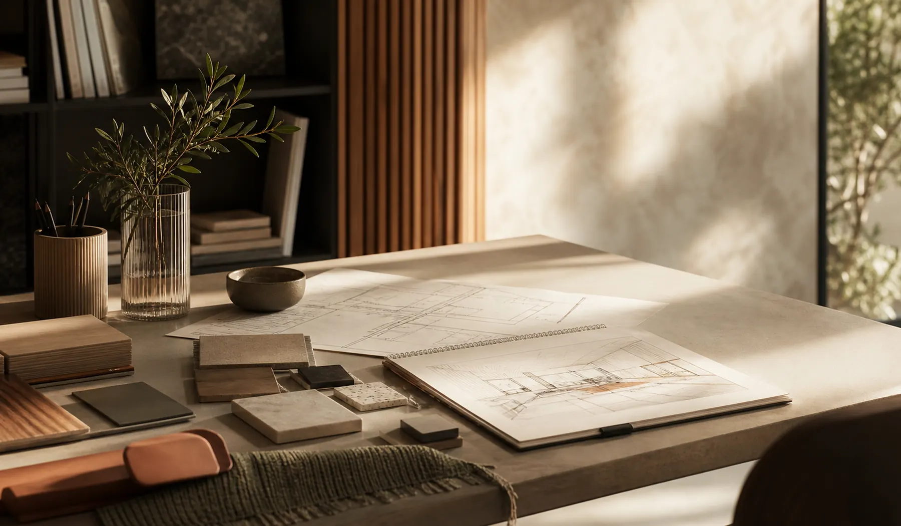 Planos y materiales sobre mesa de trabajo