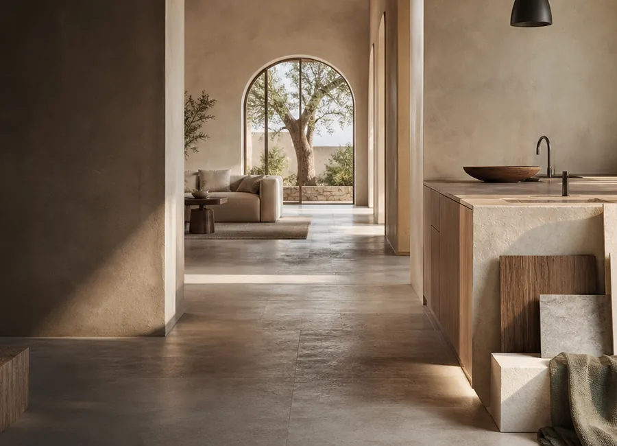 Interior residencial con materiales naturales y luz cálida