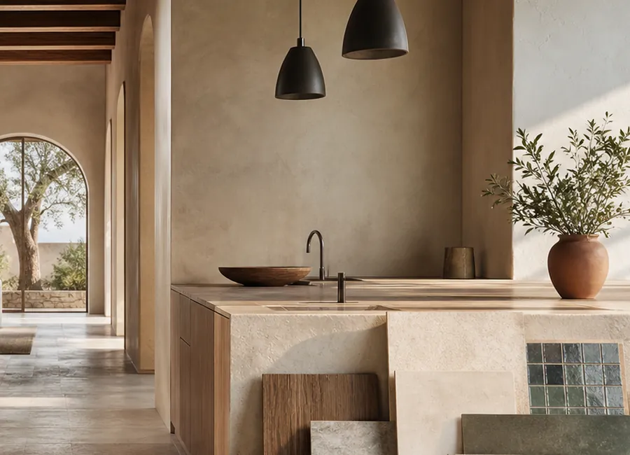 Detalle de baño y materiales naturales